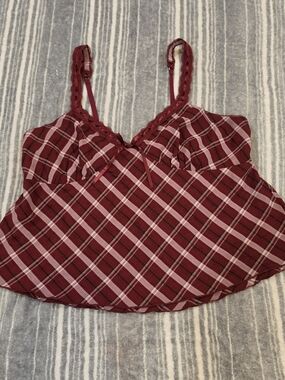 No Boundaries Burgundy Plaid Lace-Trim Cami
